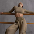 Athleisure Solid Long Sleeve Crop Top Sophisticated Wide Leg Pants Matching Set - Gray