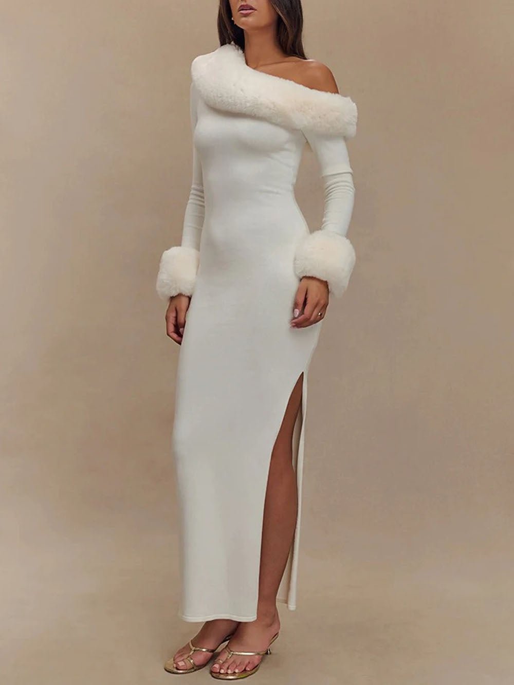 Aurora One Shoulder Fur Trim Gown