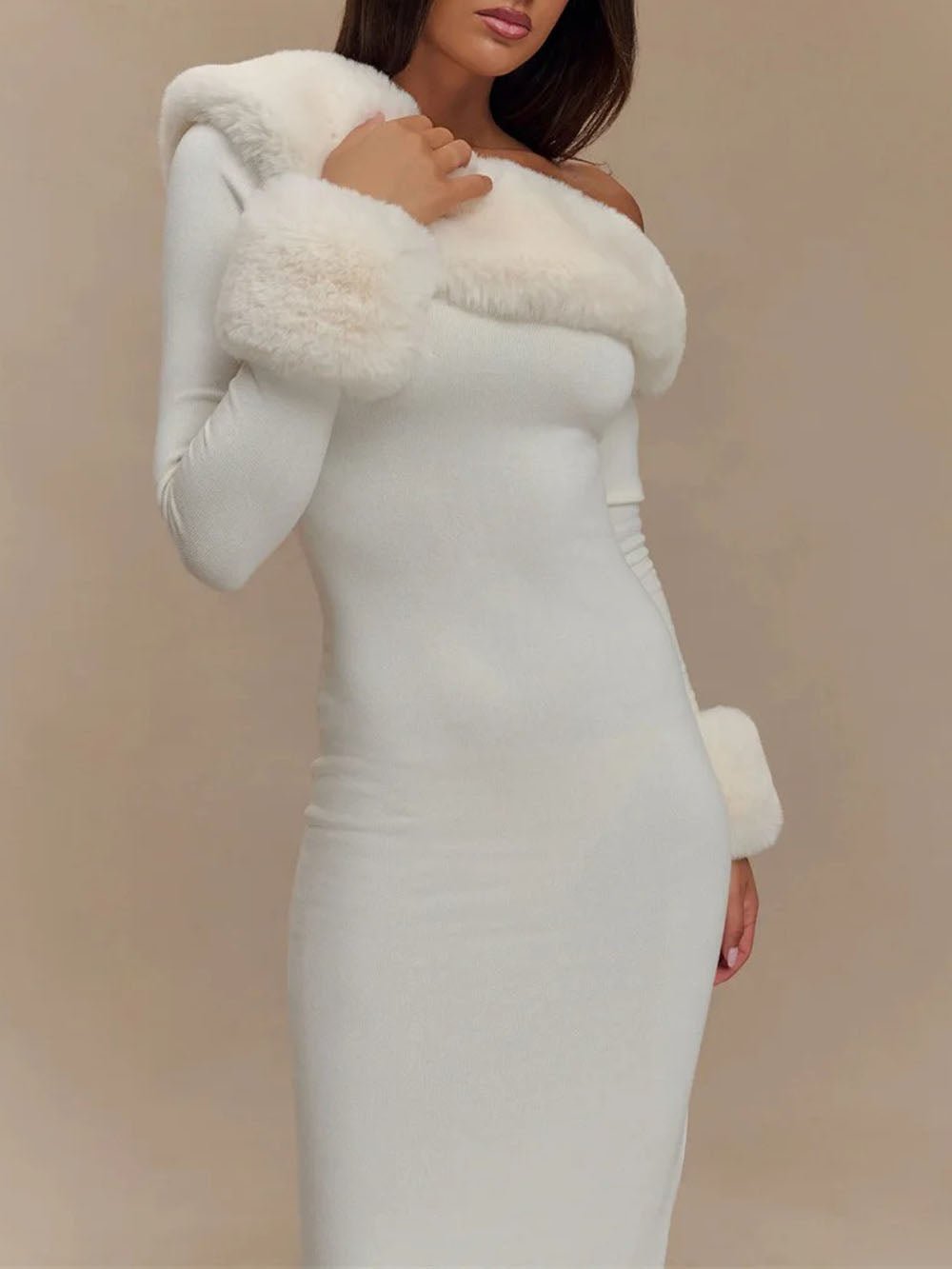 Aurora One Shoulder Fur Trim Gown