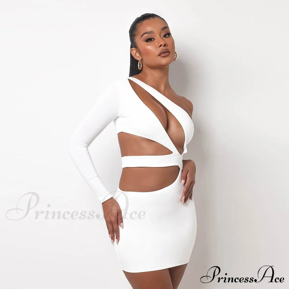 Autumn Bodycon - White Out Shoulder Evening Women Club Gown - Cut One Dress
