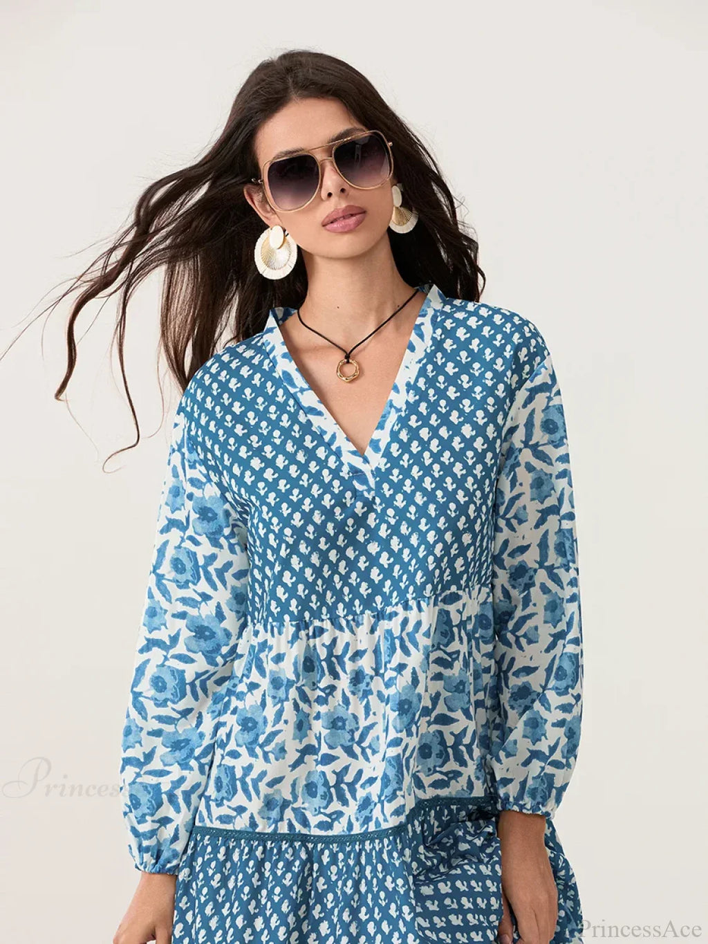 Autumn Floral Long Sleeve V-Neck Loose A-Line Floral Dress