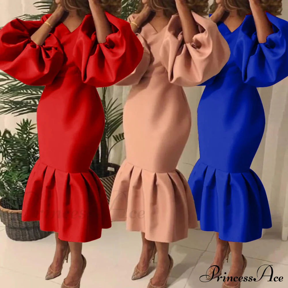 Autumn Spring Occasion Female V Neck Event BerryBetty Gown African Puff Sexy Bodycon Women Fashion Robes Sleeves Party Long Vestidos