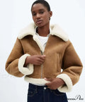 Autumn Vintage Faux Leather Cropped Warm Lapel Fleece Long Sleeve Stylish Coat