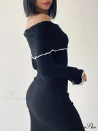 Autumn Winter Black Long Slash Neck Straight Elegant Party Clubwear Bodycon Dress