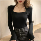 Autumn Winter Square Shawl Neckline Pullover Sexy Knit Top