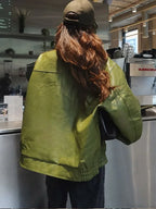 Avocado Green Single Breasted Leather Coat