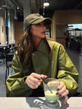 Avocado Green Single Breasted Leather Coat