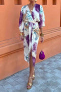 Watercolor Print Satin Wrap Midi Dress