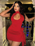 3D Flower Decoration Red Vacation Dresses Sexy Hollow Backless Bodycon Party Dress