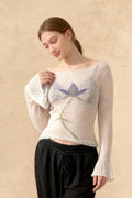 Floral Extended Sleeve Cropped Mesh Knit Sweater Top Women