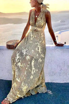 Regina Minimalist Golden Sunset Stories V Neck Maxi Dress Boutique Collection