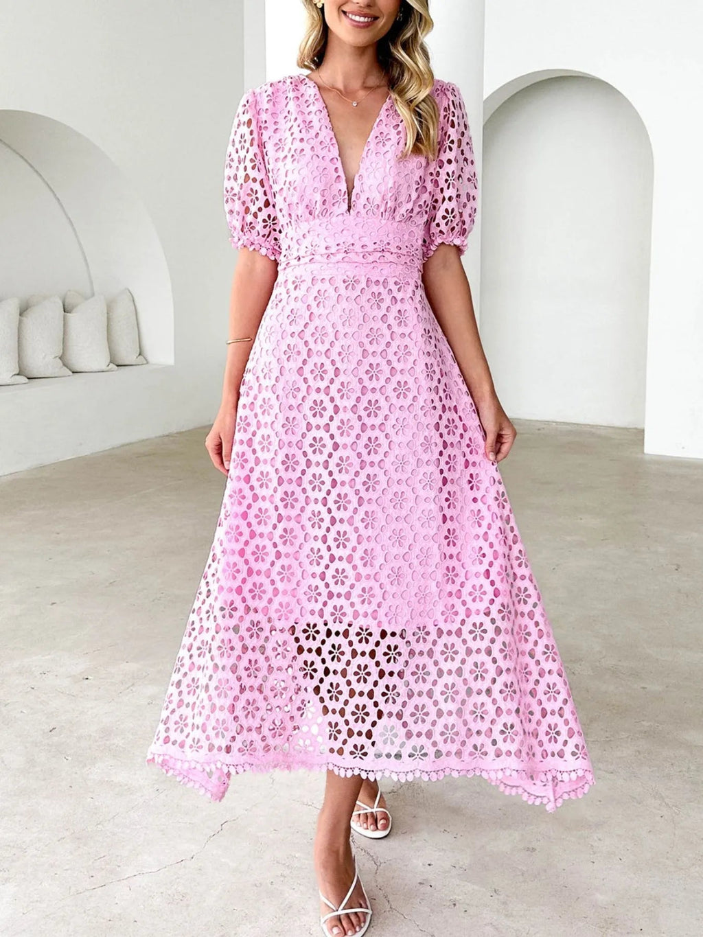 Serena Exclusive V Neck Lace Midi Dress with Puff Sleeves Chic Silhouette Collection