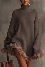 Solid Color Turtleneck Long-sleeved Loose Ruffle Knit Mini Dress