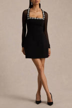 Emmey Jewel Embellished Trim Square-Neck Mesh Long Sleeve Mini Dress