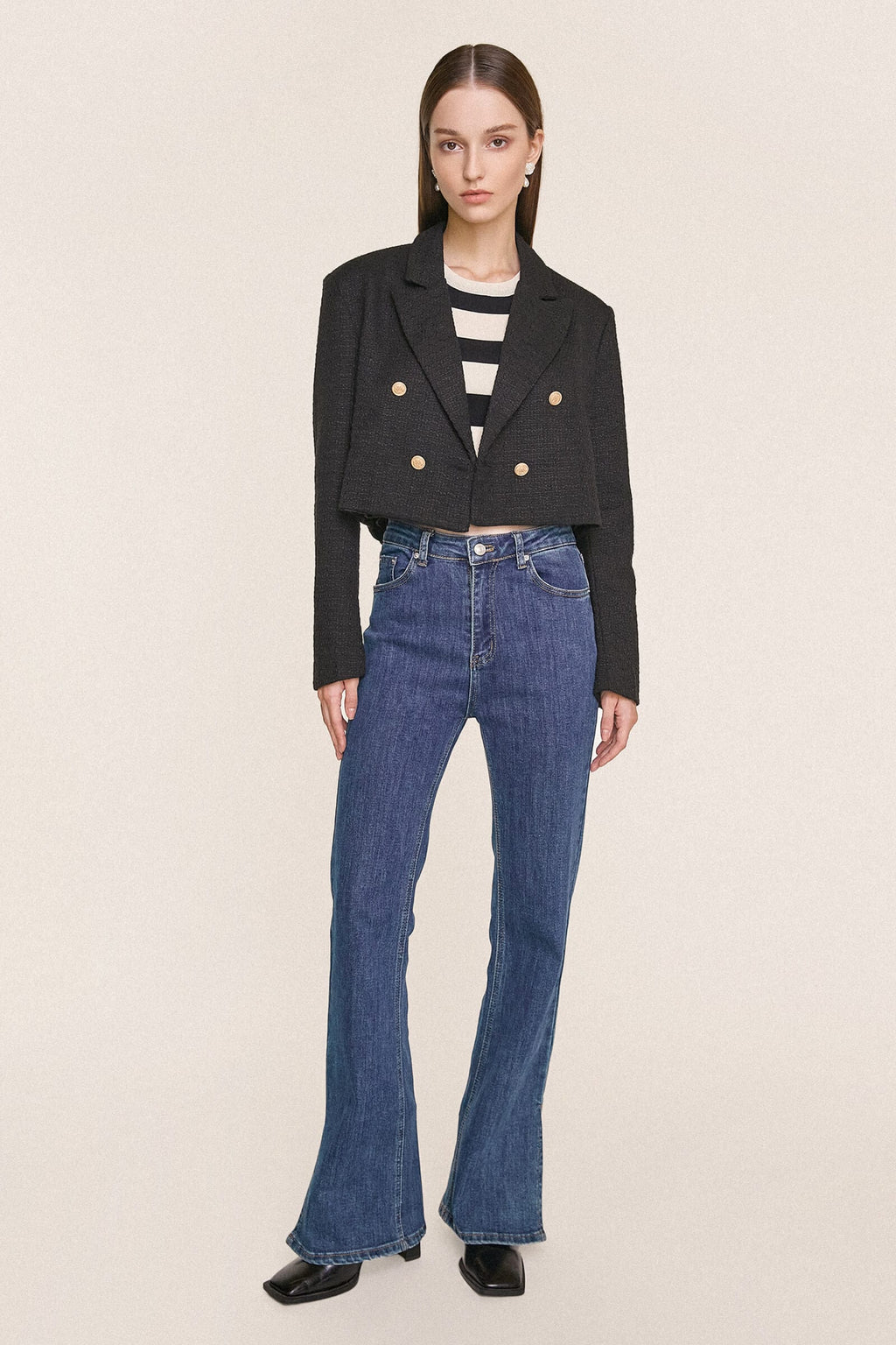Black Textured Double-Breasted Cropped Tweed Blazer