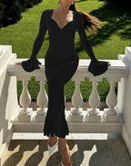 Flare Sleeve Ruched Ruffle Maxi Dress