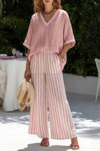 Textured Linen V-Neck Striped Wide-Leg Pants Vacation Set