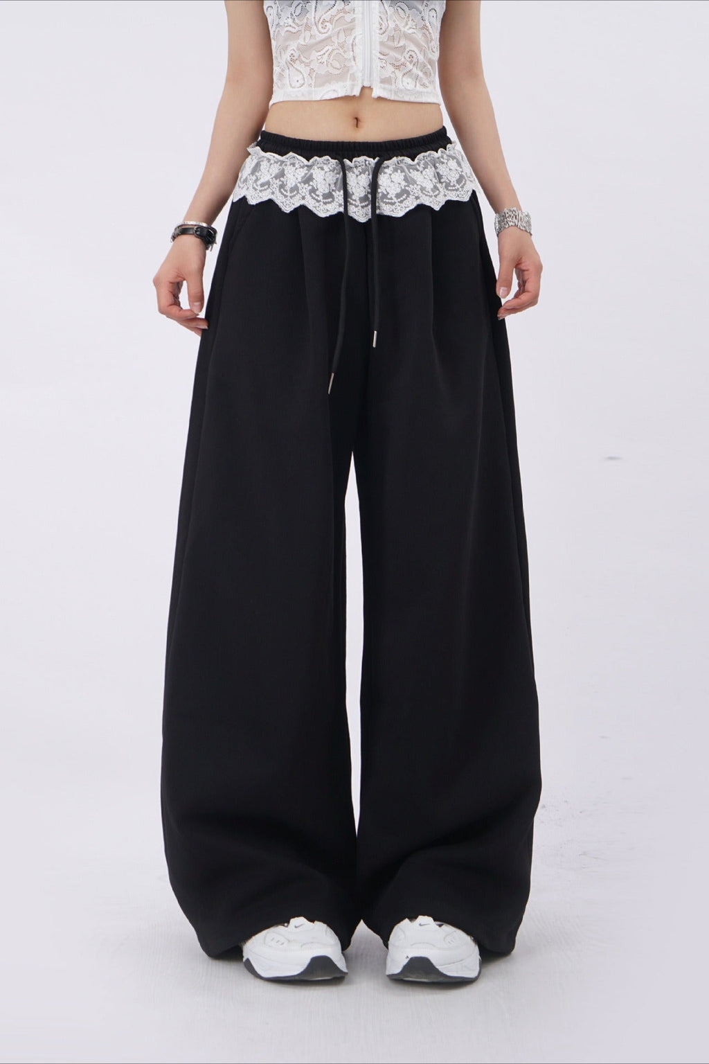 Lace Insert Ruffle Wide Leg Pants