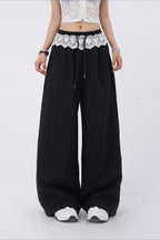 Lace Insert Ruffle Wide Leg Pants