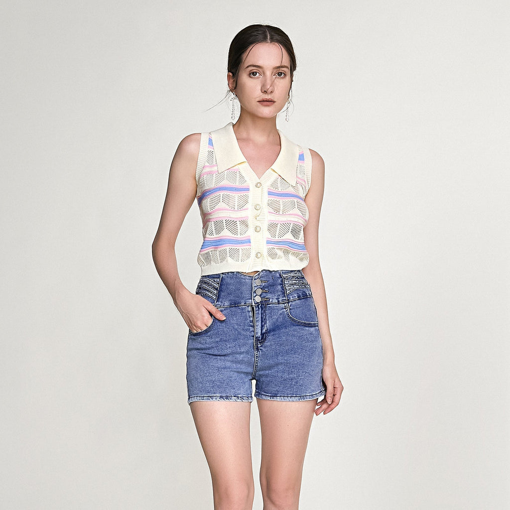 Ivory Striped Button-Up Knitted Collar Vest