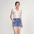 Ivory Striped Button-Up Knitted Collar Vest