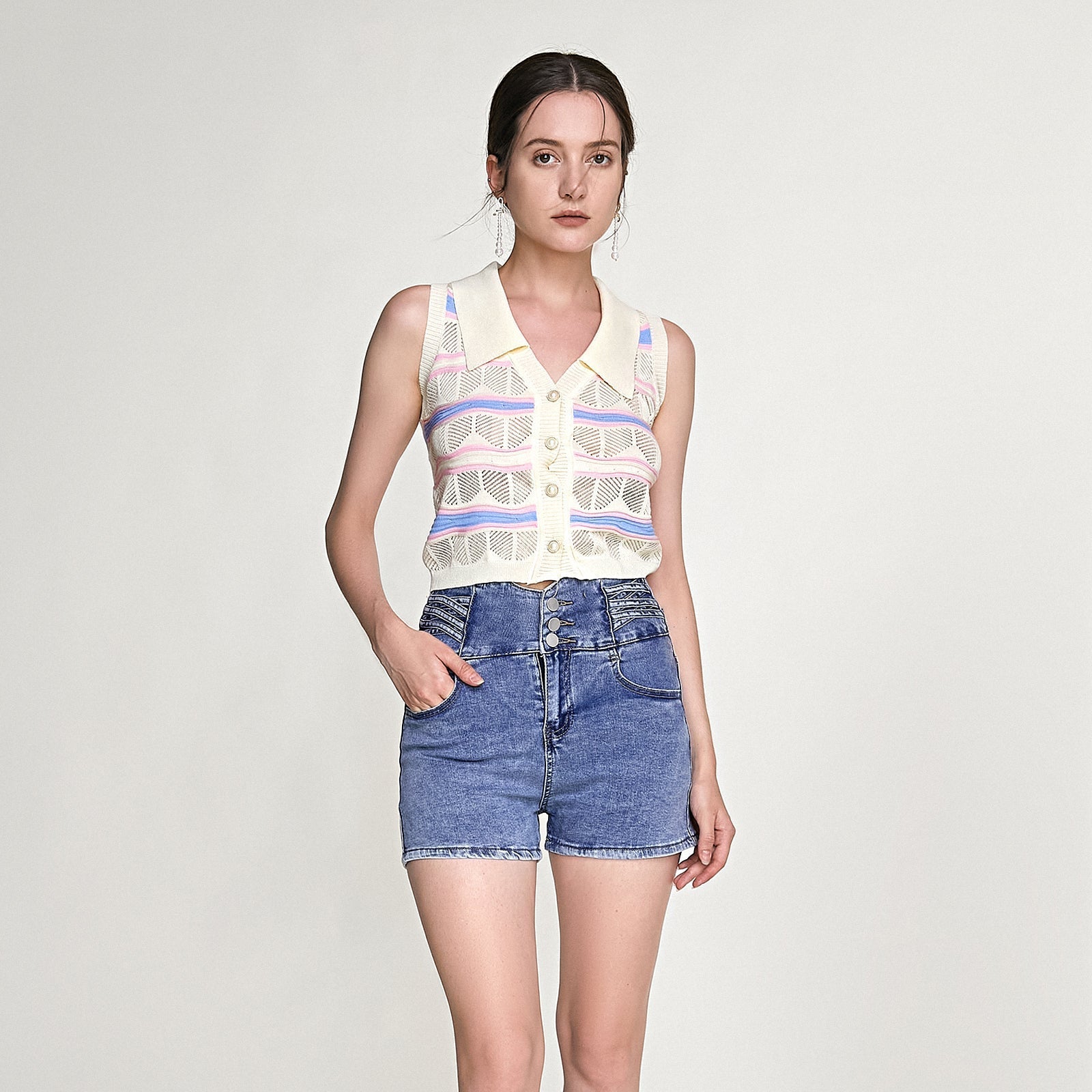 Ivory Striped Button-Up Knitted Collar Vest