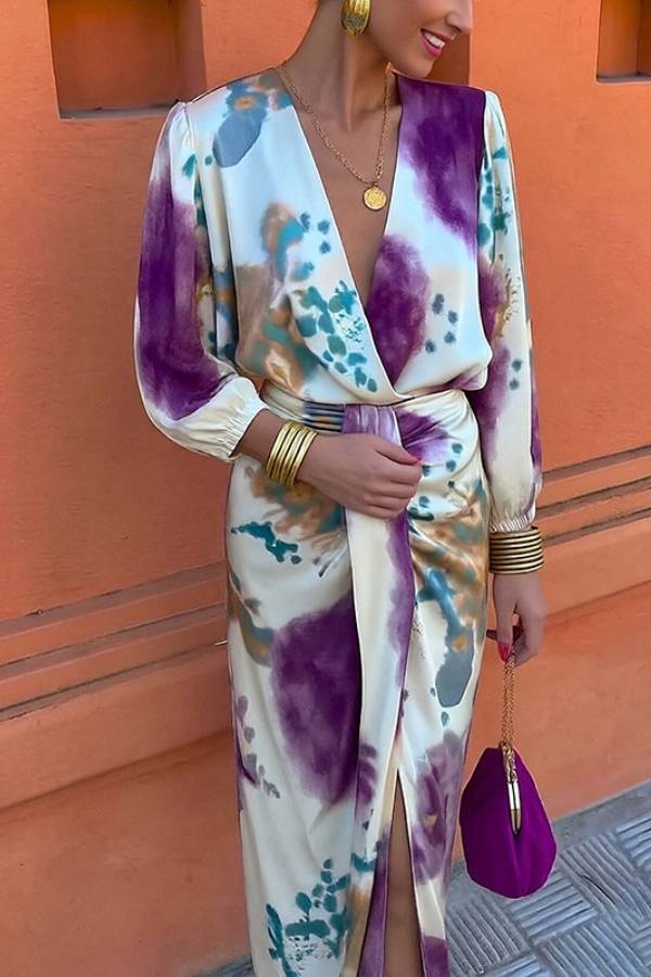 Watercolor Print Satin Wrap Midi Dress