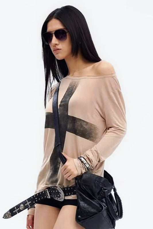 Cross Print Asymmetrical TShirt