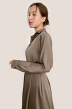 Brown Surplice Pleat Detail A-Line Maxi Shirt Dress