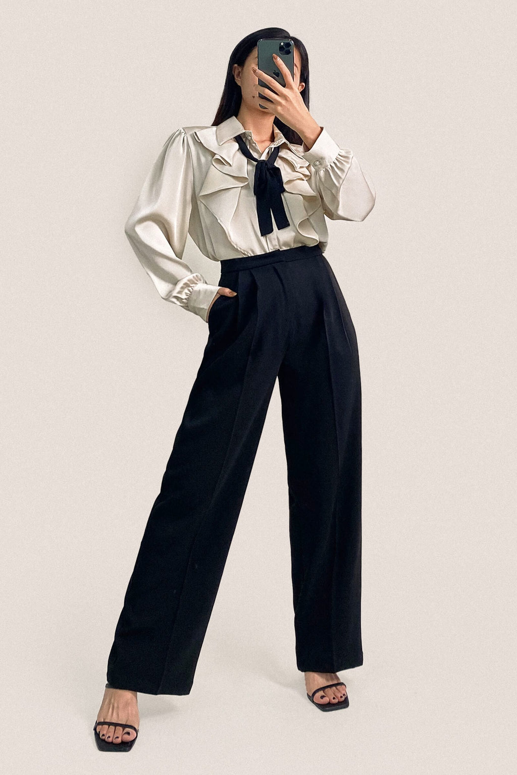 Black Pleat Detail Wide Leg Work Pants