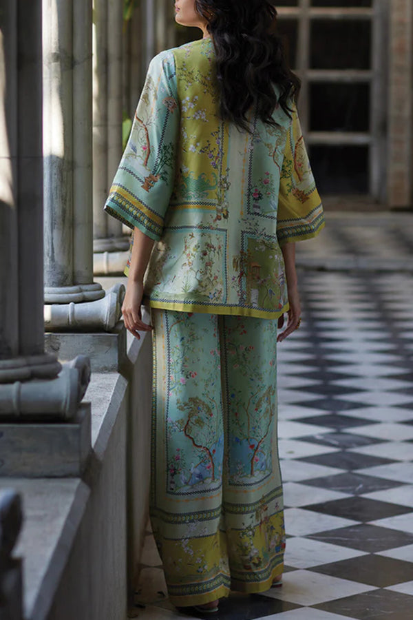 Elonie Satin Floral Print V-neck Half Sleeve Top and Elastic Waist Wide Leg Pants Set