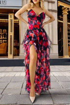 Spaghetti Strap Floral Print Tiered Slit Maxi Dress