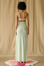 Lace Mesh 3D Floral Waist Cinched Cami Maxi Dress