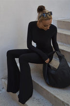 Long Sleeve Backless Slim Straight Wide Leg Jumpsuit