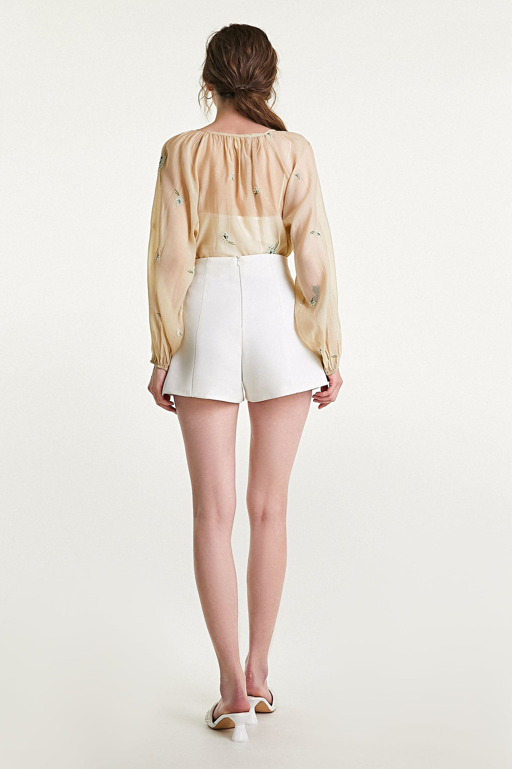 Beige Floral Embroidery Button Front Balloon Sleeve Blouse