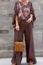 V-neck cotton and linen printed top and trousers casual suit