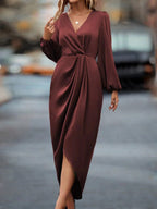 Elegant Red Draped V-Neck Midi Dress