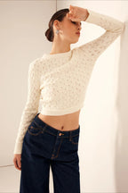 Open-Back Tie Detail Round Neck Elegant Knit Long Sleeve Tee