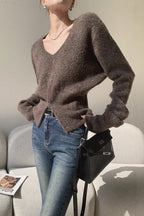 Brown VNeck Soft Knit Top