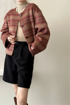 Plaid Crew Neck Single Breasted Drop Shoulder Wool Jacket