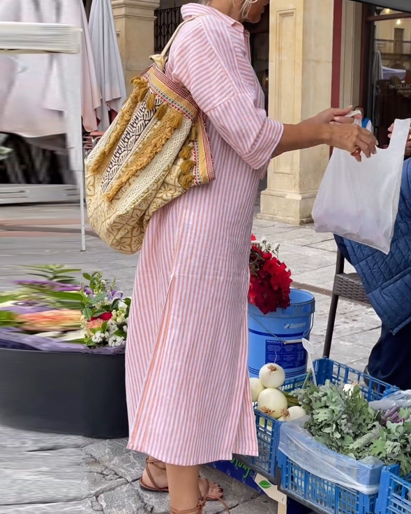 Sonia Effortless Striped Casual Dress with Cuffs and Slits Boutique Collection