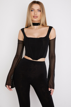 Mesh Halter Square Neck Boned Sheer Crop Top