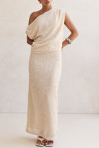 Milla Knit Sequin Asymmetrical Neck Draped Loose Top