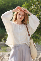 Lantern Sleeve Round Neck Blouse