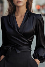 Satin V-neck Long-sleeved Casual Tie-waist Shirt