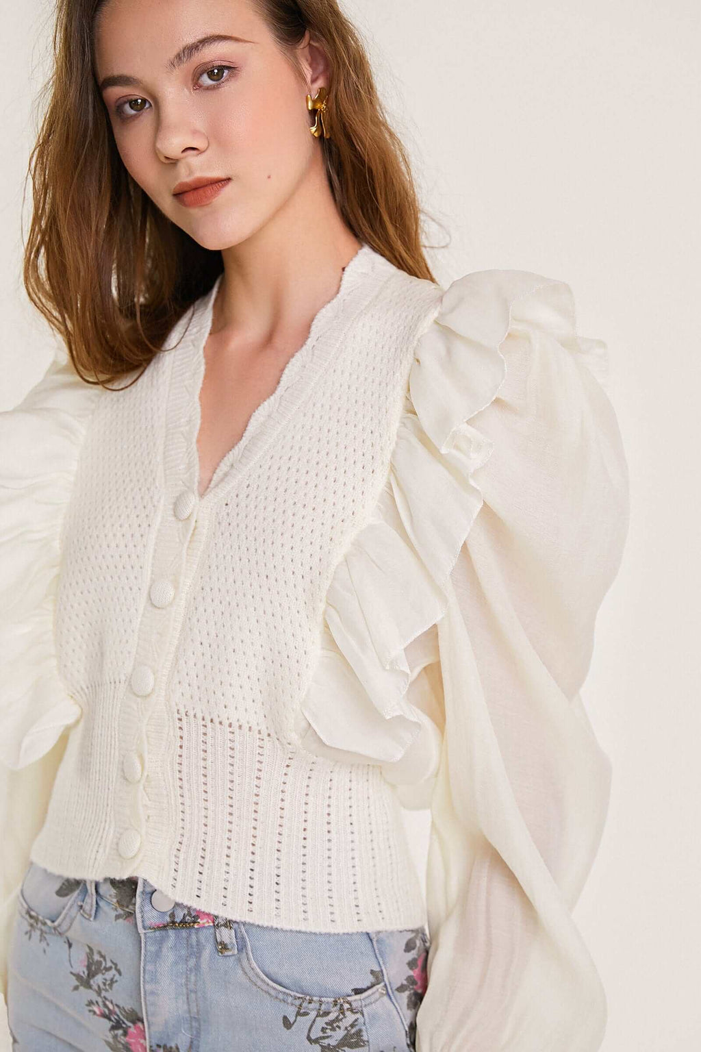 Beige Pointelle Knit Ruffled Chiffon Puff Sleeve Cardigan