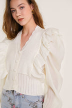 Beige Pointelle Knit Ruffled Chiffon Puff Sleeve Cardigan