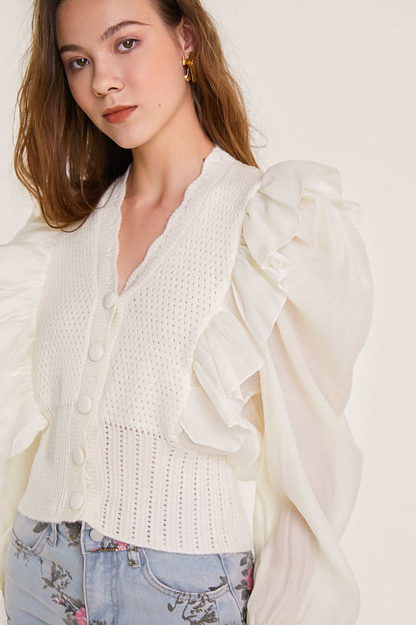Beige Pointelle Knit Ruffled Chiffon Puff Sleeve Cardigan