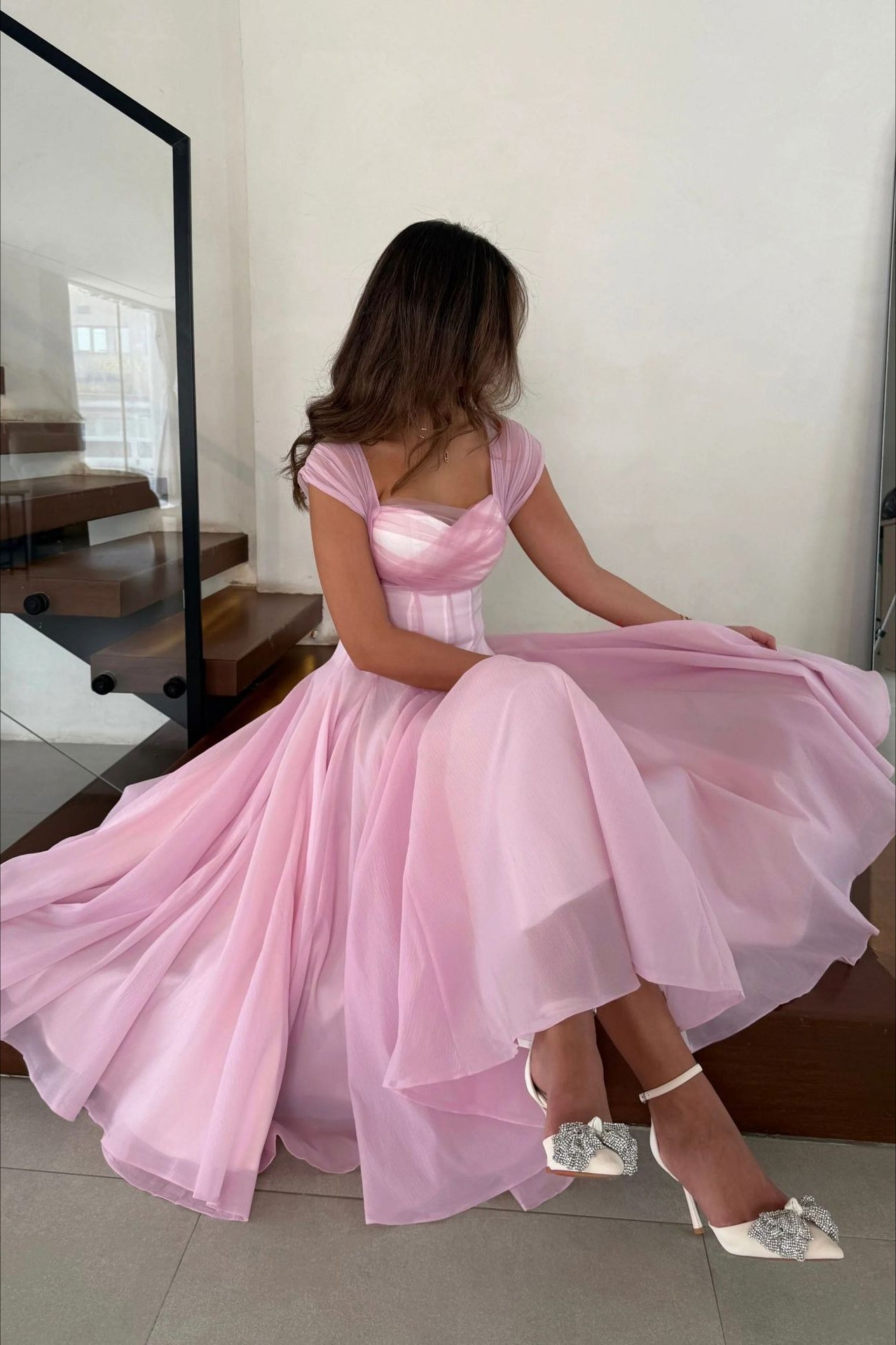 Soft Mesh Waist Flared Prom Dress