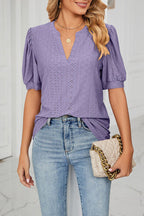 Casual v-neck solid color hollow puff sleeve loose t-shirt top women